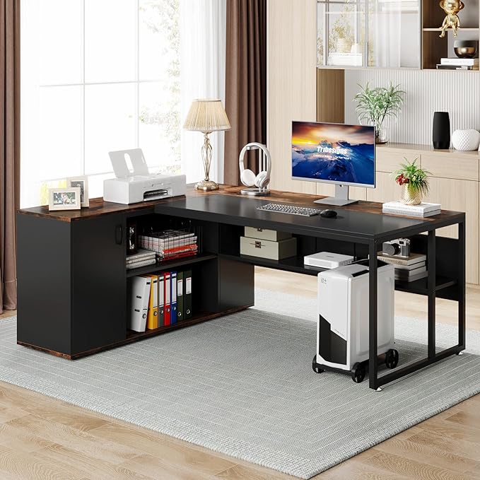 LITTLE TREE Large Computer Desk with File Cabinet, 71 inch Executive Desk L Shaped Office Desk, Business Furniture Desk Workstation for Home Office, Brown