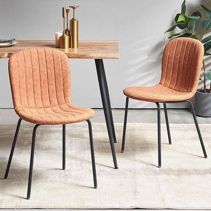 Set of 4 Upholstered Dining Chairs, Vintage Home Kitchen Chairs Faux Leather PU, Modern Mid-Centuray Accent Chairs with Metal Legs for Vanity