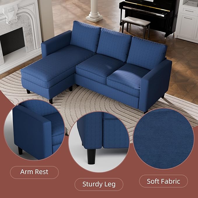 JAMFLY Sectional Sofa Couch Convertible L Shaped Sofas with Ottoman Small Sectional Couches for Living Room, 3 Seater Couch for Small Spaces, Blue