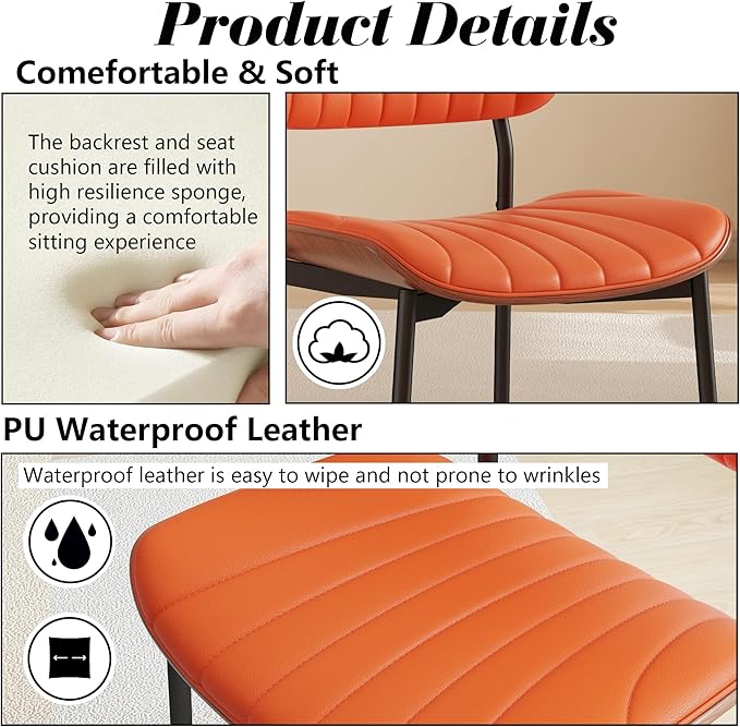 Modern PU Leather Dining Room Chairs Set of 4, Upholstered Kitchen Chairs with Walnut Bentwood Back and Metal Legs Adjustable Feet for Kitchen Dining Room(Orange)