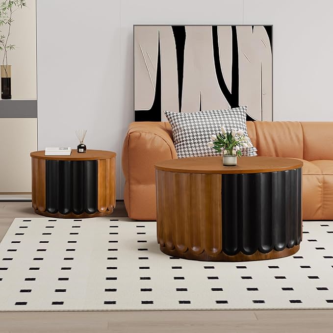 26" Round Nesting Coffee Table Set of 2 with Storage, Modern Round Wood Fluted Coffee Tables with Storage for Living Room Nesting End Table for Small Space (B Walnut)