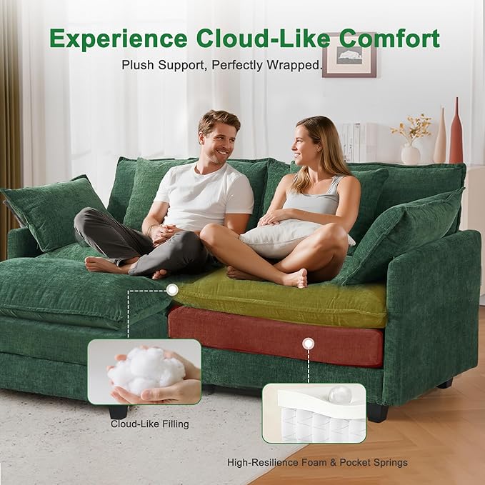 77" L Shaped Cloud Loveseat Sofa with Ottoman｜3-Seat Chenille Sectional Couch with 29.1" Deep Seat｜FSC Certified Solid Wood & Metal Frame｜Easy Assembly & 1YR Guarantee ｜for Living Room Apartment