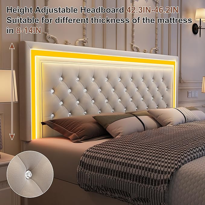 King Led Bed Frame with 4 Storage Drawers, Bed Frame with Led Lights No Box Spring Needed, 900 lbs Capacity, Easy Assembly, Velvet Cream