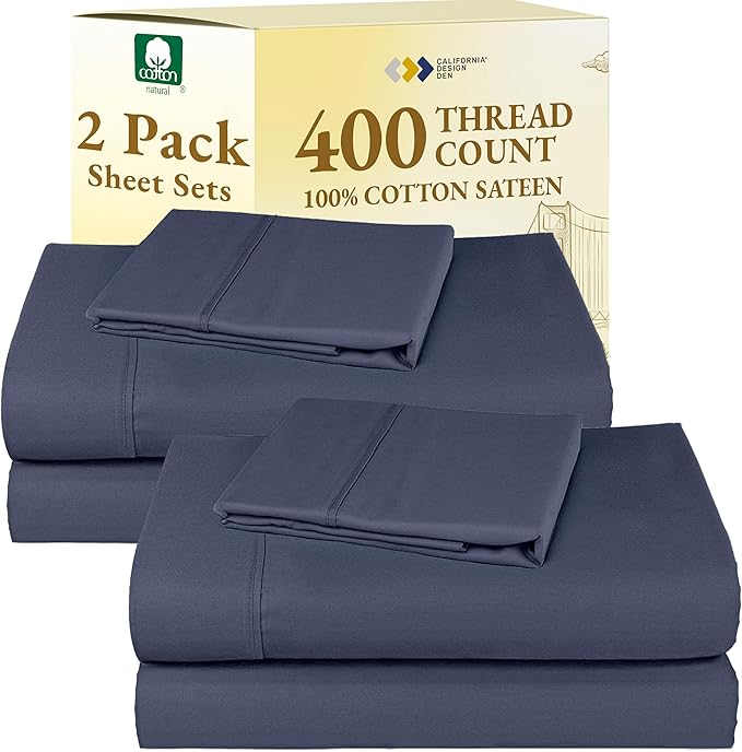 California Design Den 2-Pack Twin Sheets Set - 400 Thread Count 100% Cotton Sateen - Extra Soft, Breathable & Cooling Sheets, Wrinkle Resistant, 2 Sets of Deep Pocket Bed Sheets - Indigo Dusty Blue