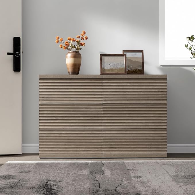 SICOTAS Fluted Sideboard Buffet Cabinet with Storage, Modern Credenza Storage Cabinet with 3 Larger Drawers, Mid Century Coffee Bar Table for Living Room Entryway Kitchen, Grey Alder (2 PCS)