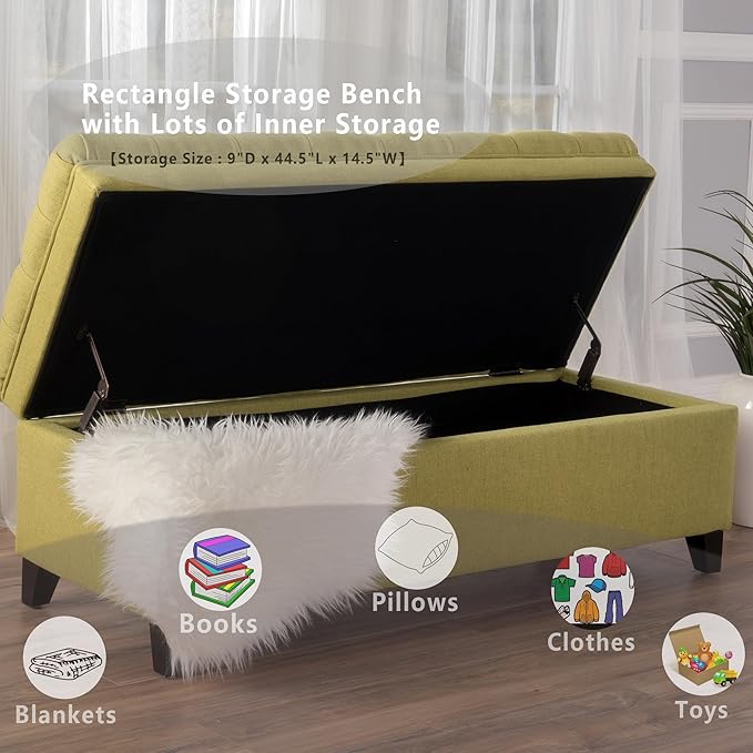 Setawix Linen Storage Benches for Bedroom,50" Bed End Bench with Storage,Tufted Green Storage Ottoman Bench for Living Room,Rectangle Entryway Benches with Storage and Seating (Olive Green, Linen)