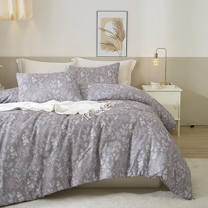EAVD Botanical Floral Comforter Set Queen Grayish Purple Soft Microfiber Chic Cute Garden Floral Bedding Comforter Set 1 Queen Comforter and 2 Pillowcases Fresh Botanical Comforter for All-Season