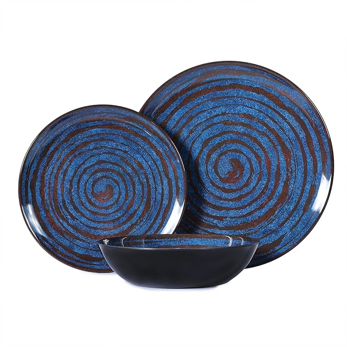 Melamine Dinnerware Set, 12-Piece Plates and Bowls Set, Blue Threaded Plastic Dishes Set, Service for 4, BPA-Free, Dishwasher Safe