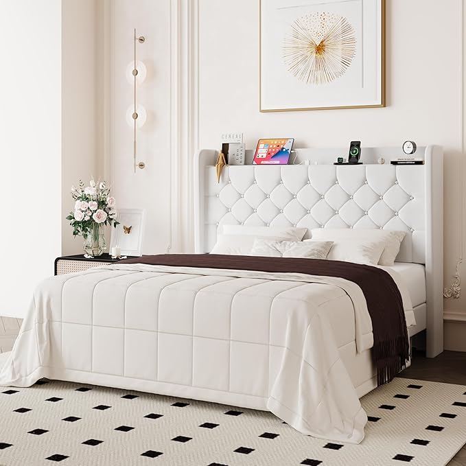 Allewie Full Size Bed Frame, Storage Headboard with Charging Station, Wingback Velvet Upholstered, Diamond Stitched Button Tufted, Sturdy Wooden Slats, No Box Spring Needed, Easy Assembly, White