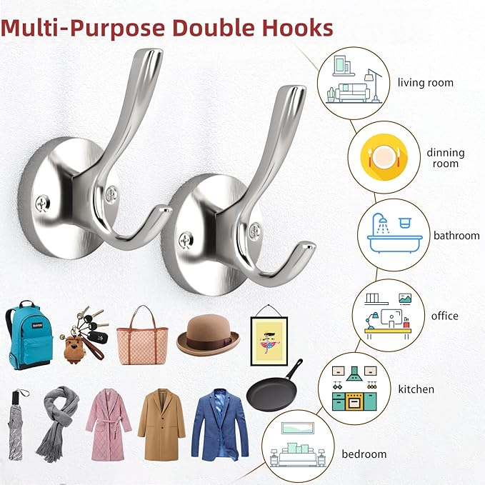 ZUONAI Coat Hooks Brushed Nickel 8 Pack Bathroom Hook for Wall Robe Hook Decorative Metal Clothes Hooks for Hanging Coats and Hat Towel Hang for Bathrooms