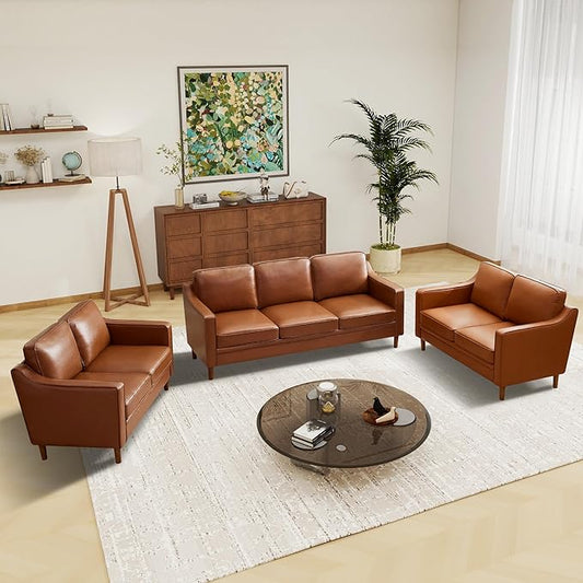 Kingfun Living Room Furniture Sets, Armchair and 2 Loveseat, Mid Century Modern Sofa Set, Faux Leather Couch with Solid Wood Frame for Living Room & Bedroom, Dark Brown