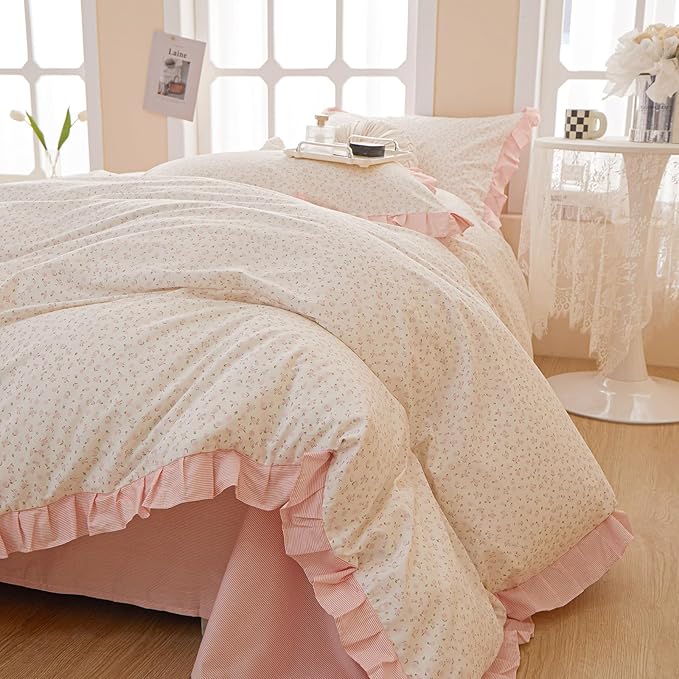 Romantic Pink Floral Duvet Cover Queen 100% Cotton Pink Ruffle Duvet Cover Girls Flower Comforter Cover Princess Lace Bedding Set Vintage Floral Coquette Bedding Comforter Cover with 2 Pillowcases