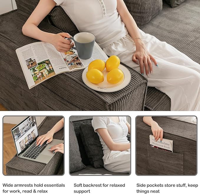 HOMREST 63" Convertible Memory Foam Loveseat Sofa, Pull Out Sleeper Sofa Bed, 2 in 1 Folding Couch Bed, Fold Out Floor Couch Corduroy Fabric with 2 Pillows for Living Room Bedroom Lounge (Grey)