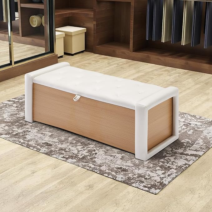 48" Large Storage Ottoman Bench, Faux Leather Upholstered Bed Bench with Button Tufted, End of Bed Ottoman with Safety Hinge for Bedroom, Living Room, Window，or Entryway, Beige Shoe Storage Chest