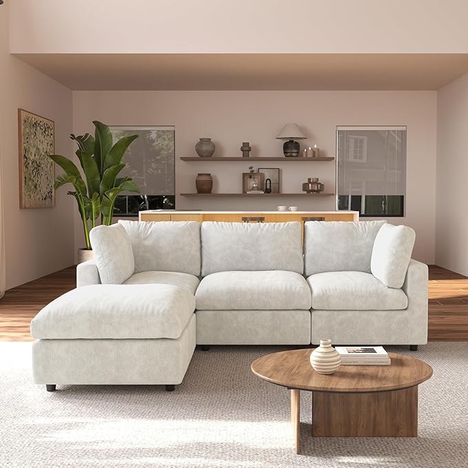 JACH L Shape Sectional Couches for Living Room, Deep Seat Convertible Modular Sofa, Cloud Sectional Couch, Sofa Covers Washable, Minimalist Modern Couch for Living Room, Apartment, Beige