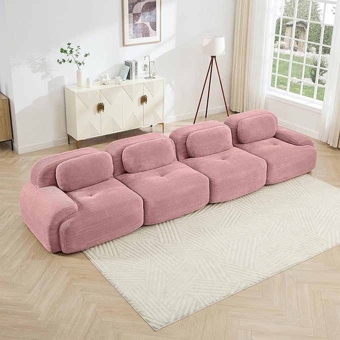 152" Modern Compressed Boneless Couch, 4 Seater Sectional Couches for Living Room, Pink Corduroy Cloud Modular Sectional Sofa, Comfy Memory Foam, Extra Deep, Sofas para Sala, No Assembly