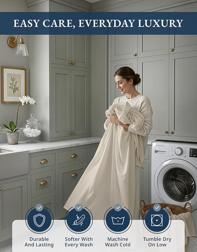 LANE LINEN 100% Egyptian Cotton Full Size Bed Sheets, No Pill Naturally Cooling Sheets Full Size, Soft & Comfy Sateen Weave for Silky Smooth Finish, Available in Variety of Colors - Ivory