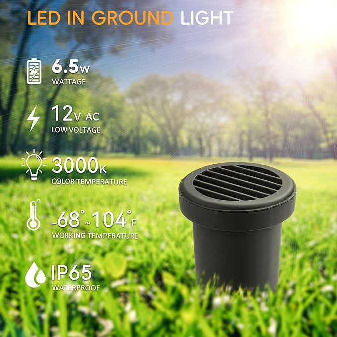 5 Inch LED Low Voltage Under Ground Lighting, 6.5W In Ground Well Light with Grated Top, 12V 3000K Warm White Waterproof Outdoor Lights for Garden Fence Pathway Deck Driveway Walkway, 4 Pack