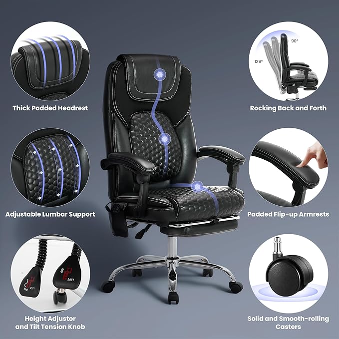 Executive Office Chair with Massage and Heat, Ergonomic Reclining Desk Chair with Footrest, Big and Tall High-Back Leather Computer Chair with Wheels, Adjustable Managerial Chair, Supports 300 lbs