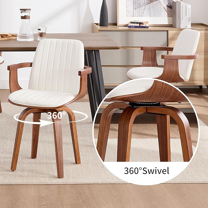 Swivel Dining Chairs Set of 2 - Mid Century Modern Kitchen Chairs for Dining Room, Upholstered PU Leather Chairs with Walnut Arms and Legs, White