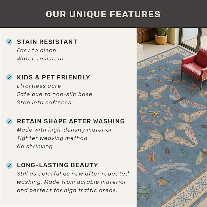 Washable Living Room Rug 8x10, Dusty Blue Area Rugs for Bedroom Under Bed, Dining Room Under Kitchen Table, Kids Room, Playroom, Lage Modern Boho Carpet, Ultra Soft Stain Resistant Colorful Decor