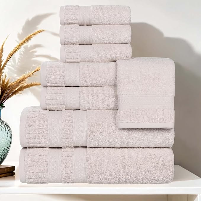Superior Venice Zero Twist Cotton Medium Weight Towels, for Guest Bath, Bathroom, Shower, Spa, Plush Towels, Bath Essentials, Ribbed Textured Border, 8 Piece Assorted Towel Set, Silver