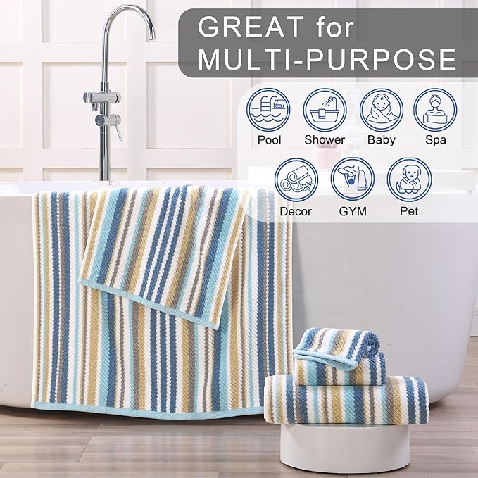 VOOVA & MOVAS Striped Wash Cloths Set, 6PC Bathroom Washcloths - 100% Cotton | Quick Dry | Soft | Absorbent, 13"x13" Wash Cloth, Luxury Towel Set for Guest, Blue+Gray+Beige Stripe