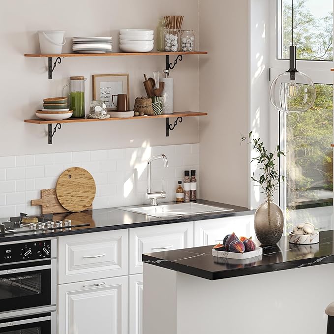 DINZI LVJ Long Wall Shelves, 39.4" Large Floating Shelves Set of 4, Farmhouse Display Shelf Wall Mounted with Heavy Duty Brackets, Easy Assembly for Kitchen, Bathroom, Bedroom, Balcony, Rustic Brown