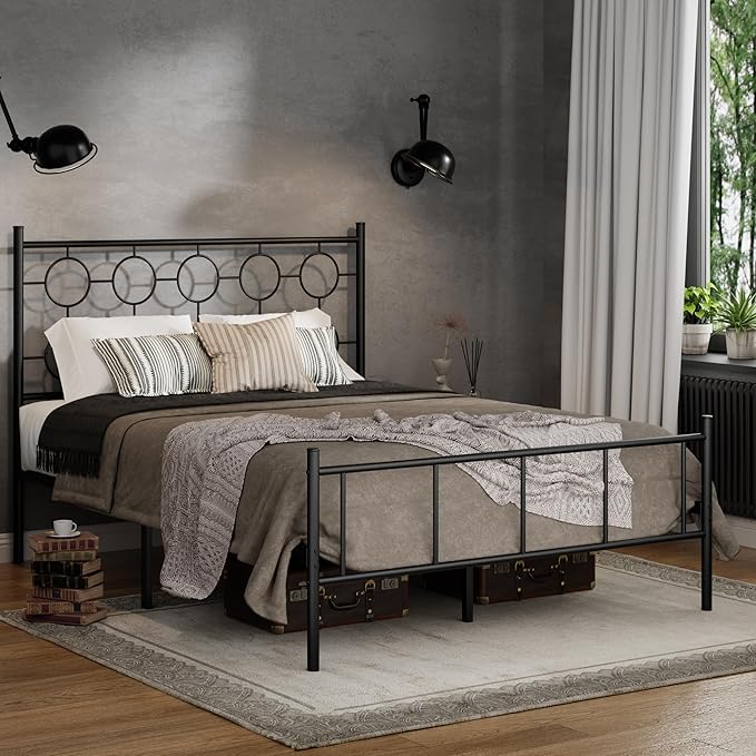 Queen Size Classic Metal Platform Bed Frame with Headboard and Footboard, Victorian Style Iron Bedframe with 12 inch of Storage Under Frame, Slat Support, No Springs Required, Easy to Assemble (Black)