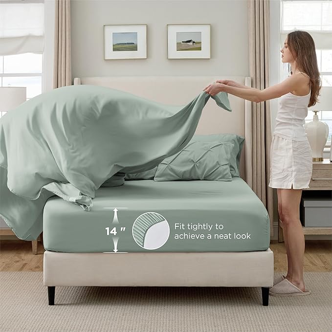 Bedsure Oversized Queen Comforter Set Sage Green - Bed in a Bag Bedding Set 7 Pieces, GentleSoft™ Pintuck Bed Set Gift for Family, Pinch Pleat All Season Comforter with Sheets, Pillowcases & Shams