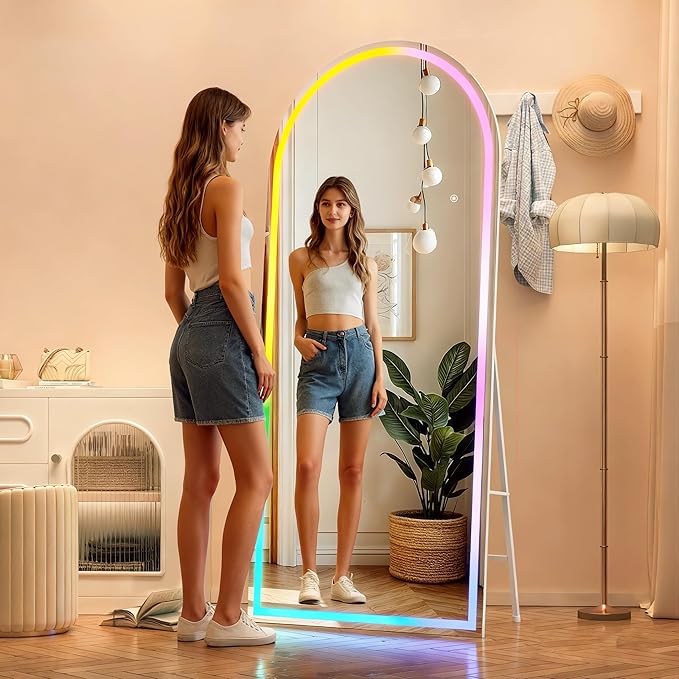 Hasipu 76.7" x 29.5" Arch LED RGB Bluetooth Full Length Mirror with Stand ＆ 7 Color Lighting Modes, Full Body Mirror with White Frame for Bedroom, Living Room, Dressing Room