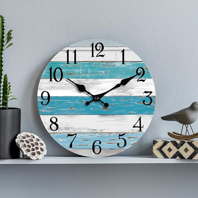 Wall Clock Battery Operated 8 Inch Outdoor Beach Style Blue Coastal Retro Silent Non Ticking Decorative for Bathroom Kitchen Living Room Bedroom