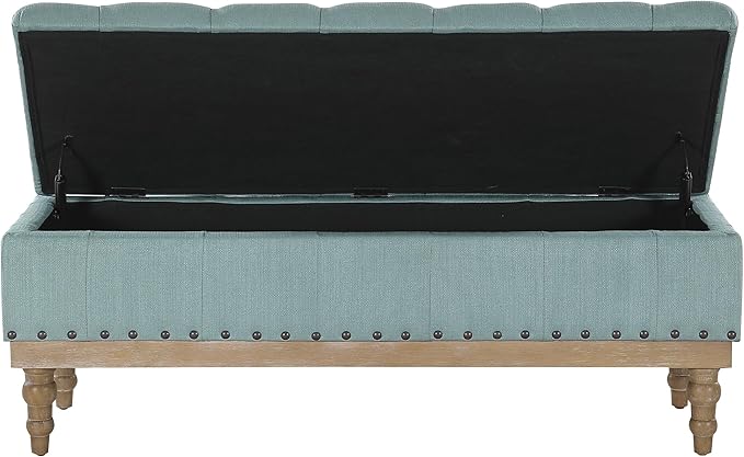 OSP Home Furnishings Landis Button Tufted Padded Top Storage Bench with Brushed Legs, Sea Blue Fabric