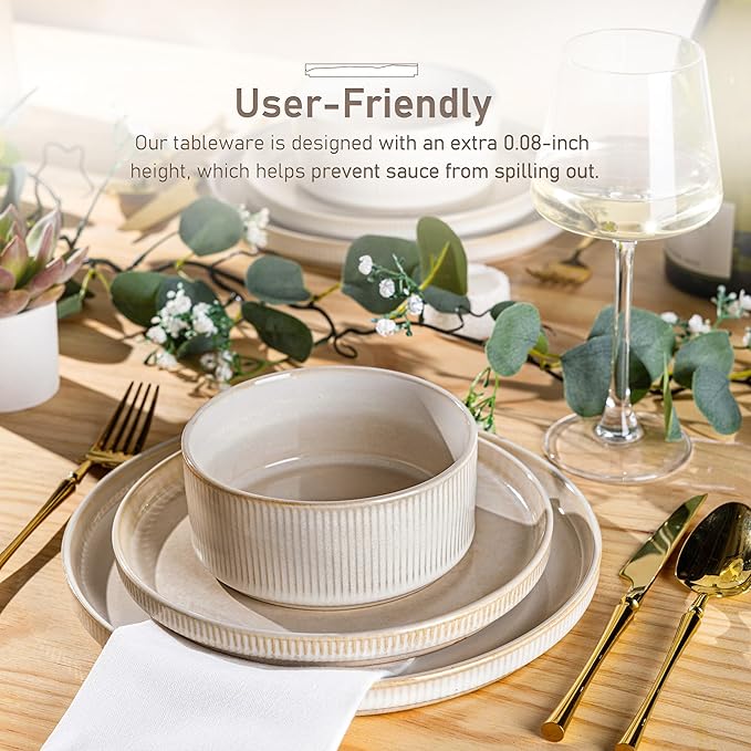 GBHOME Stoneware Dinnerware Sets for 4,Round Reactive Glaze Ceramic Plates and Bowls Set,Highly Scratch Resistant | Dishwasher & Microwave Safe Dishes Set,Service for 4(12Pcs),Vanilla White