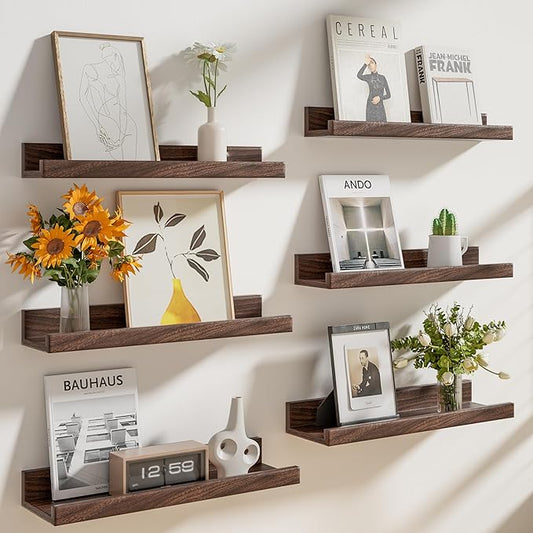 Heimlove Floating Shelves Set of 6, 16" Wall Mounted Picture Ledge, Display Shelf Organizer for Decor Storage, Wall Mounted Shelves for Living Room, Bedroom, Bathroom, Kitchen (Walnut)