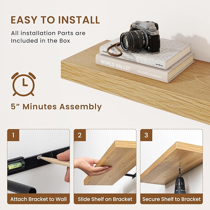 fuqing Floating Shelves for Wall, Wall Mounted Wood Floating Shelf with Invisible Brackets for Living Room, Bathroom, Bedroom, Kitchen Storage and Decor, 48 Inch Set of 2, Oak