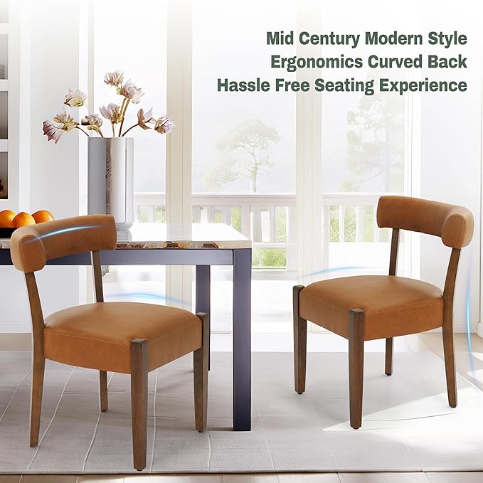 Faux Leather Dining Chairs Set of 2 Upholstered Kitchen & Dining Room Wooden Chairs Mid Century Modern Dining Chairs Low Back, Brown