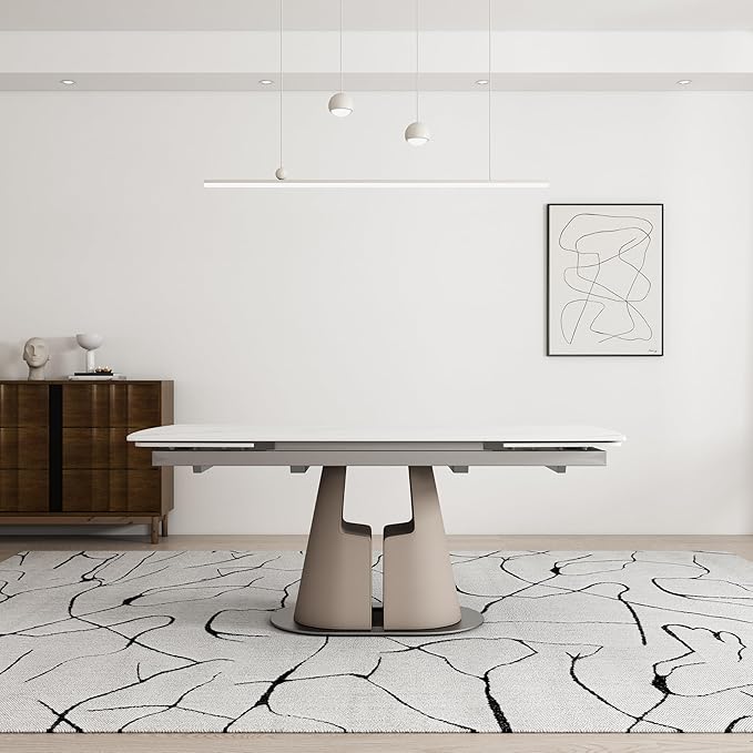 Modern Dining Table, Seats 8-10, Extendable Sintered Stone Dining Table, White Top, Saddle Leather Pedestal Table, 90 in.（1Table