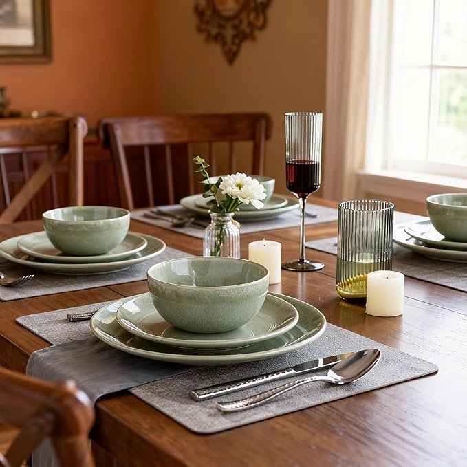 AmorArc Ceramic Dinnerware Sets for 4, 12 Pieces Handpainted Plates and Bowls Set, Scratch Resistant Stoneware Dishes Set, Dishwasher & Microwave Safe, Olive Green
