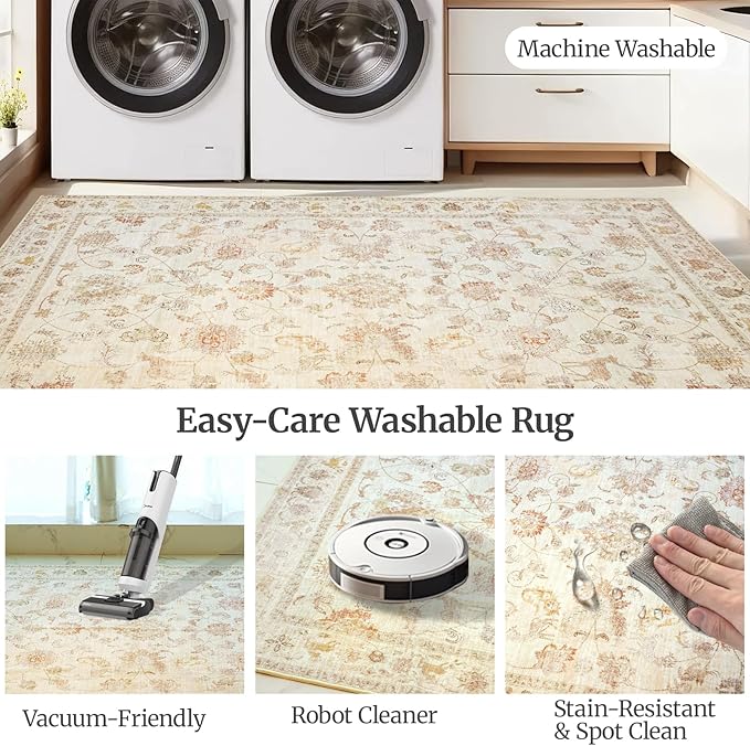 3x5 Soft Washable Area Rugs for Living Room and Bedroom, Non-Slip Stain Resistant Indoor Carpet, Cozy Floor Mat for Dining Room, Office, Stain Resistant Entryway Persian Beige Floral