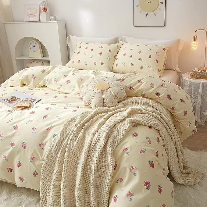 Kawaii Kids Strawberry Bedding Sets - Twin Duvet Cover & 2 Pillowcases, Soft 100% Cotton Comforter, Cream White