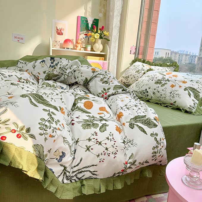 Romantic Floral Ruffle Duvet Cover Full 3 Pieces Botanical Duvet Cover Girls Flower Bedding Set 100% Cotton Vintage Floral Green Lace Bedding Flower Cottagecore Comforter Cover with 2 Pillowcases