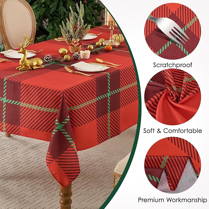 Christmas Tablecloth Rectangular 60x102 Inch Waterproof Table Cloth for 6ft, Washable Polyester Table Cover for Xmas Party, Winter Holiday Home Decoration in Festive Checkered Red 1pack