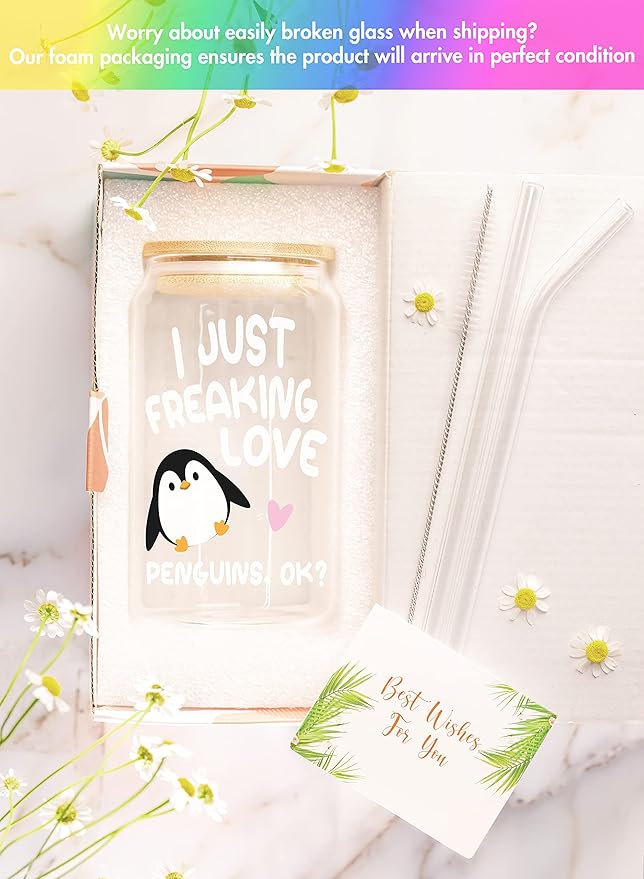 NewEleven Penguin Christmas Gifts For Women - Penguin Stuff For Pengy Lovers - Cute Funny Christmas Gift, Gift For Women, Best Friend, Sister, Daughter, Coworker - 16 Oz Coffee Glass