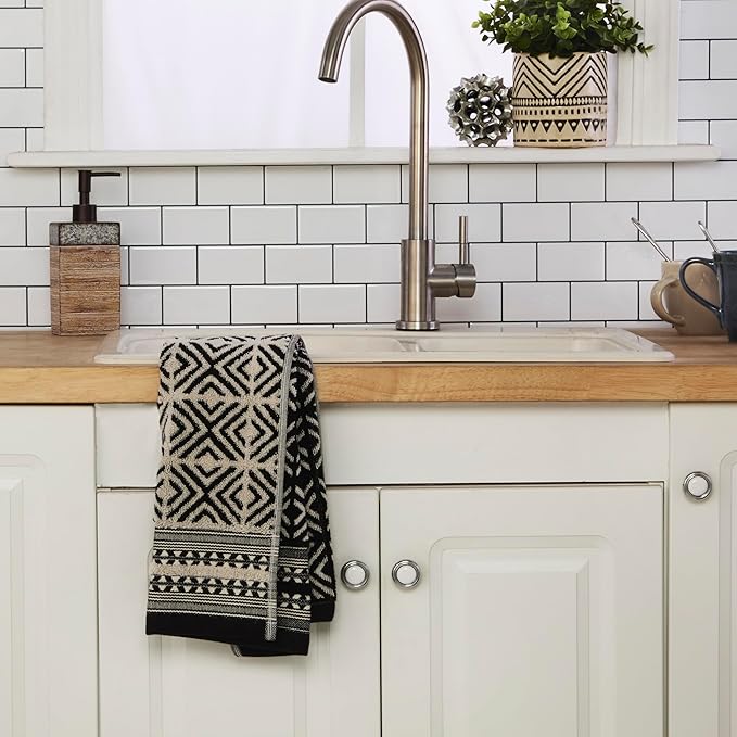 SKL Home Diamond Grid 100% Cotton Premium 2-Piece Hand Towel Set, 600 GSM, Reversible Jacquard, Soft & Absorbent, Decorative for Bath/Kitchen/Bar & Gift, Black