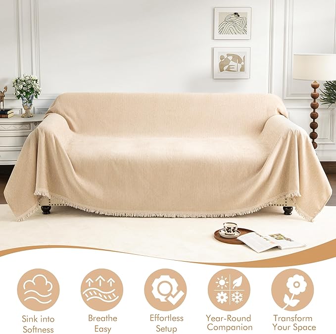 Couch Cover for 3 Cushion Couch Sofa Pet Friendly, Chenille Sectional L Shaped Sofa Cover Washable for Dogs Cats Kids, Leather Furniture Protector Slipcover Decor for Living Room, 71"x134"