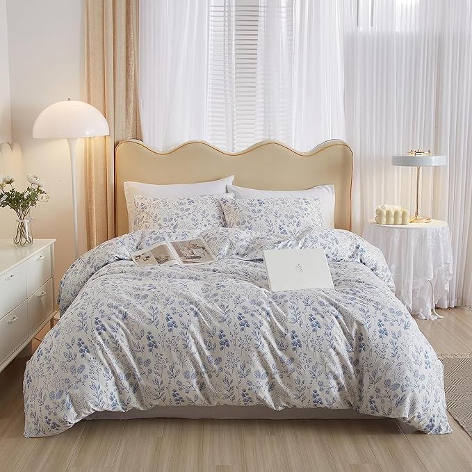 LifeTB Boho Floral Duvet Cover Twin Soft Cotton Blue Floral Bedding Sets Vintage Style Chic Flower Botanical Aesthetic Floral Comforter with Zipper Closure Twin(68''x86'')
