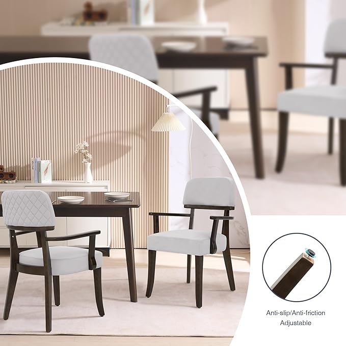 Modern Wood Dining Chairs with Arms Set of 2, Velvet Upholstered Kitchen Chairs with Open Curved Backrest & Black Hardwood Legs, Accent Chairs 350 LBS Capacity, Grey