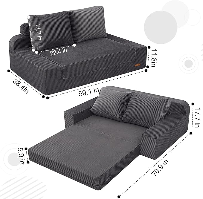 COMAX Convertible Sofa Bed Queen, Folding Floor Couch Corduroy Fold Out Couch Bed Sleeper Mattress with Back Pillows, Boneless Pull Out Loveseat Comfy Futon Lounge for Living Room Bedroom, Grey