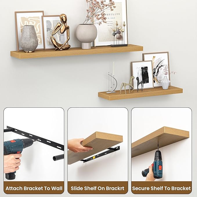 Heimlove 24 Inch Floating Shelves for Wall,Mounted Storage Wood Shelves with Invisible Brackets Hanging Shelf for Bedroom,Living Room,Kitchen,Office,Set of 2,Oak Color